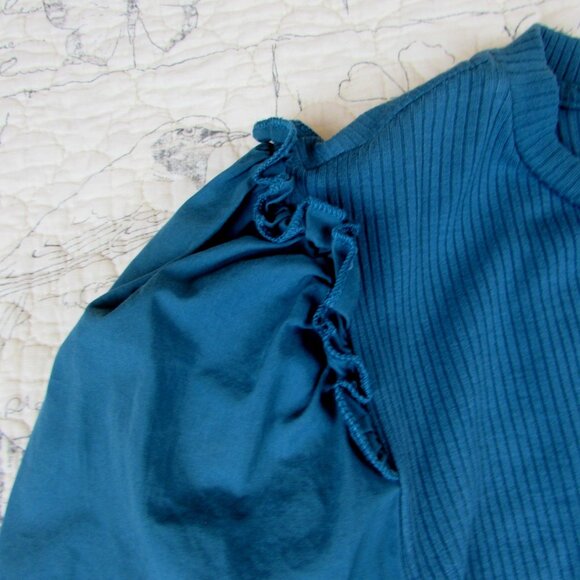 Anthropologie Sunday in Brooklyn Womens Puff Slv ruffle contrast teal top M - Picture 6 of 11